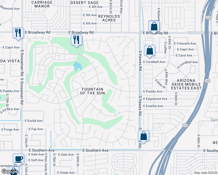 map of restaurants, bars, coffee shops, grocery stores, and more near 810 South 82nd Place in Mesa