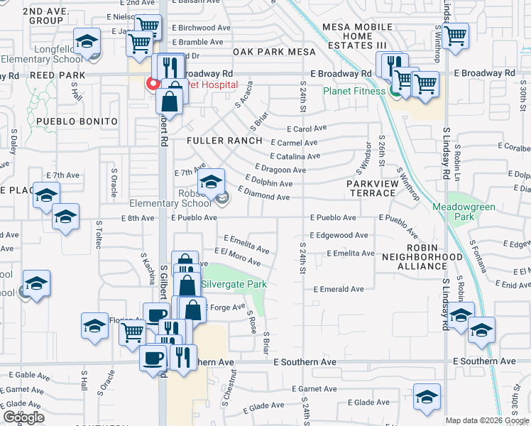 map of restaurants, bars, coffee shops, grocery stores, and more near 2263 East Pueblo Avenue in Mesa