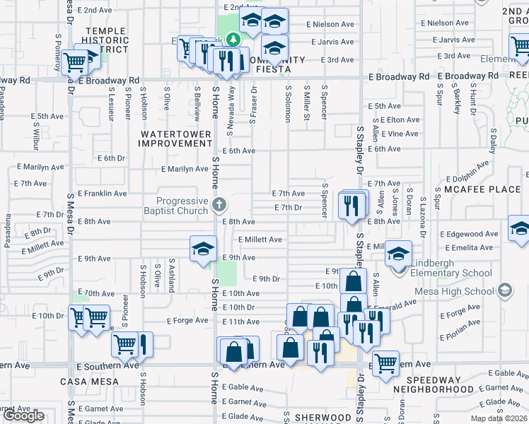 map of restaurants, bars, coffee shops, grocery stores, and more near 913 East 8th Avenue in Mesa