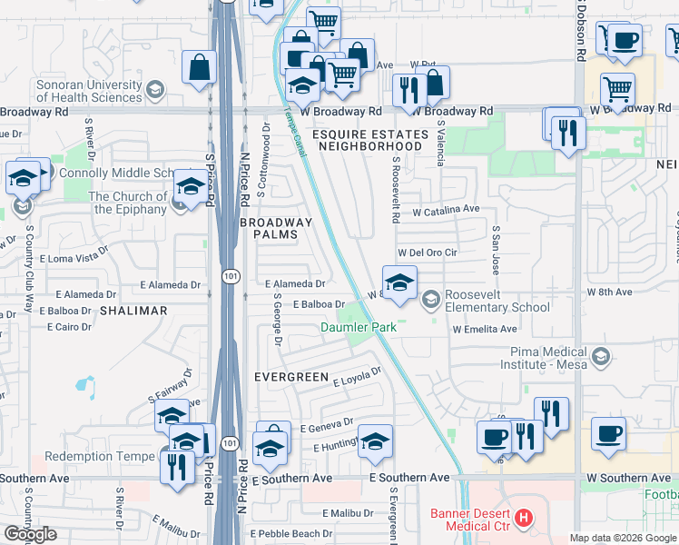 map of restaurants, bars, coffee shops, grocery stores, and more near 2417 East Alameda Drive in Tempe