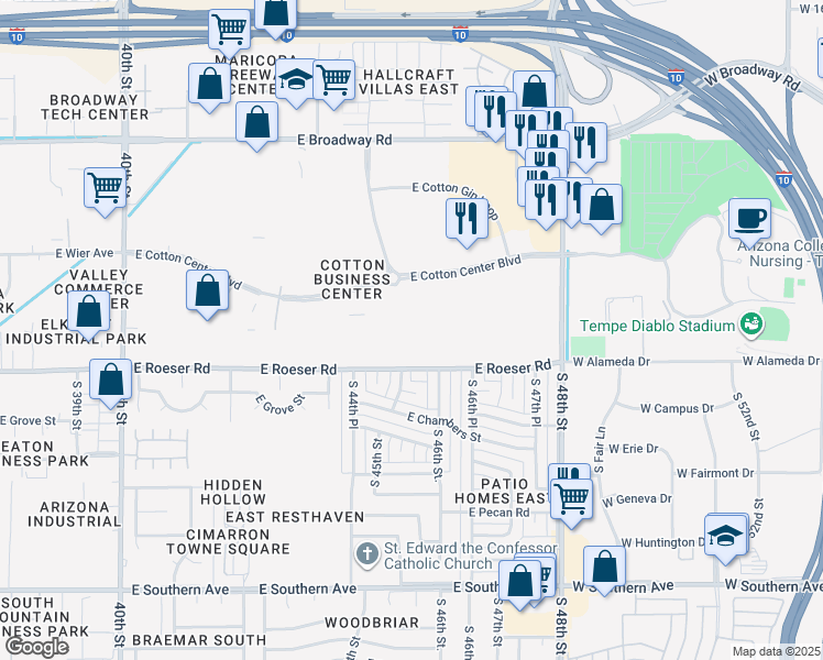 map of restaurants, bars, coffee shops, grocery stores, and more near 4425 East Cotton Center Boulevard in Phoenix
