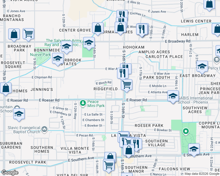 map of restaurants, bars, coffee shops, grocery stores, and more near 5105 South 15th Place in Phoenix