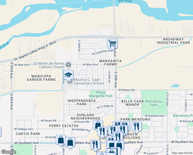 map of restaurants, bars, coffee shops, grocery stores, and more near 5016 South 36th Drive in Phoenix