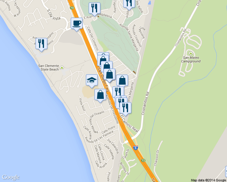 map of restaurants, bars, coffee shops, grocery stores, and more near 3500 South El Camino Real in San Clemente