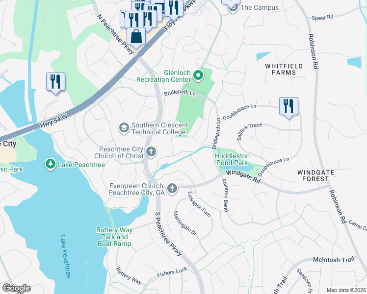 map of restaurants, bars, coffee shops, grocery stores, and more near 207 Clydesdale Road in Peachtree City