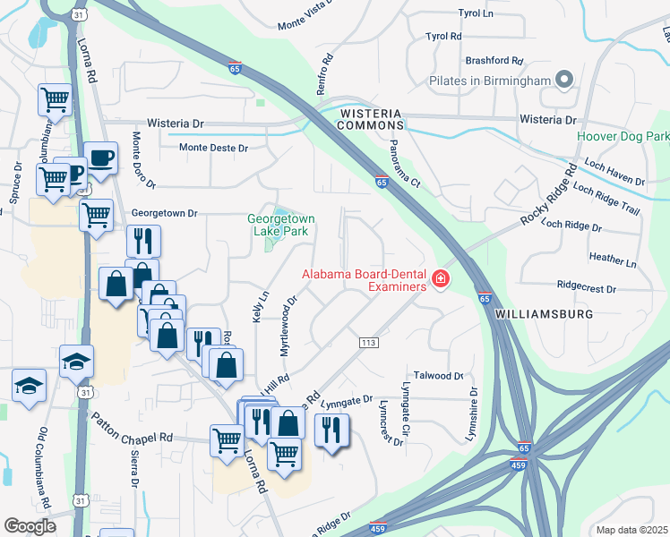 map of restaurants, bars, coffee shops, grocery stores, and more near 2144 Larchmont Circle in Birmingham