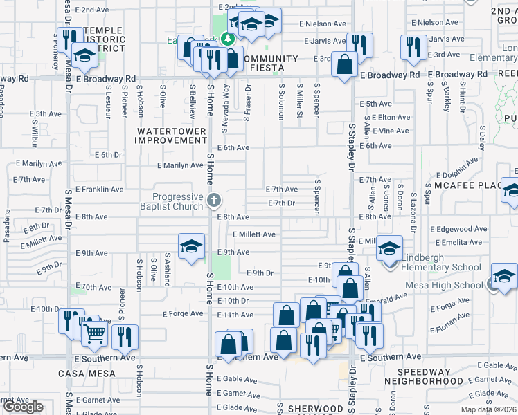 map of restaurants, bars, coffee shops, grocery stores, and more near 913 East 8th Avenue in Mesa