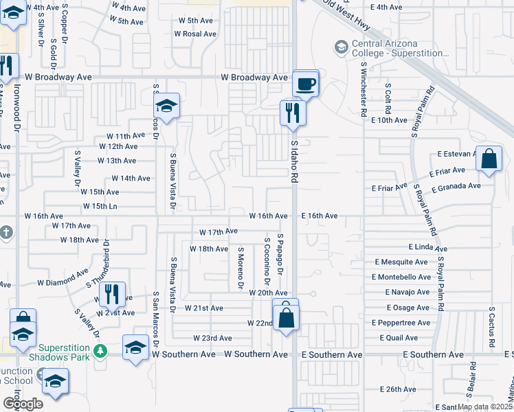 map of restaurants, bars, coffee shops, grocery stores, and more near 277 West 16th Avenue in Apache Junction
