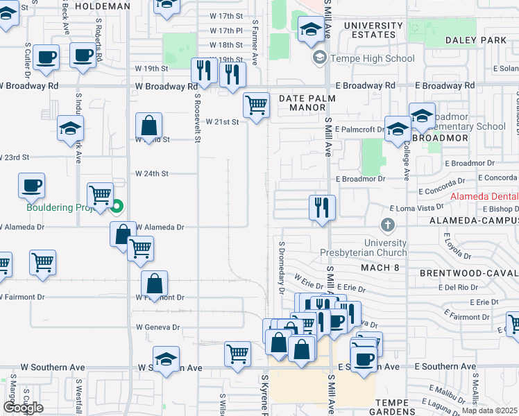 map of restaurants, bars, coffee shops, grocery stores, and more near 220 West Alameda Drive in Tempe