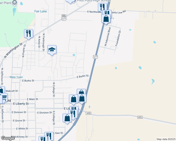 map of restaurants, bars, coffee shops, grocery stores, and more near 400 U.S. 377 in Pilot Point