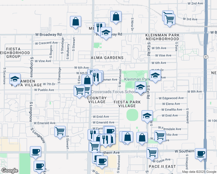 map of restaurants, bars, coffee shops, grocery stores, and more near 1050 West 8th Avenue in Mesa