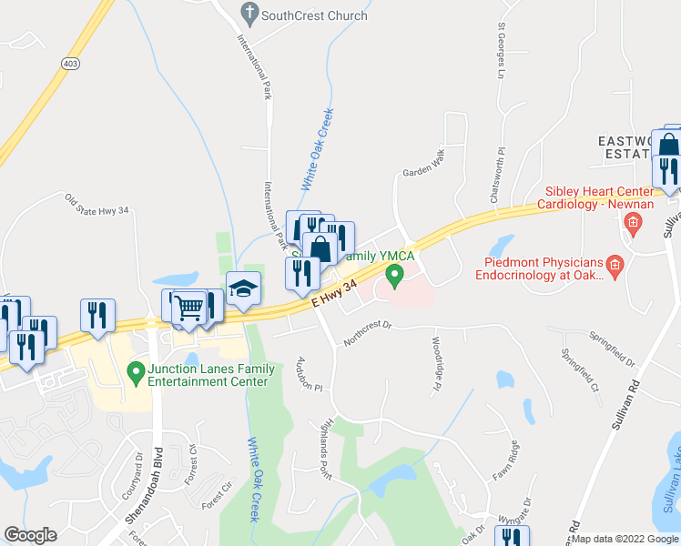 map of restaurants, bars, coffee shops, grocery stores, and more near 1700 Highway 34 in Newnan