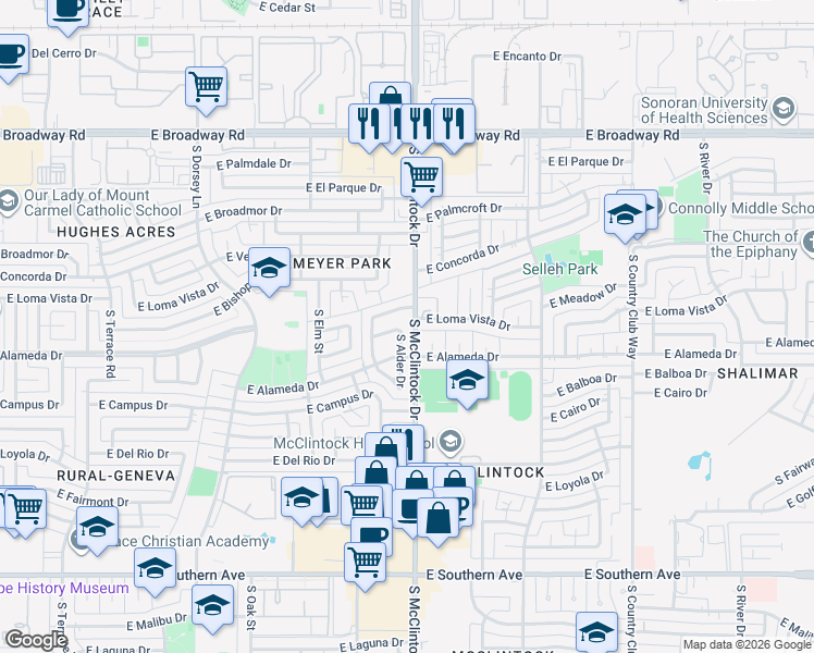 map of restaurants, bars, coffee shops, grocery stores, and more near in Tempe