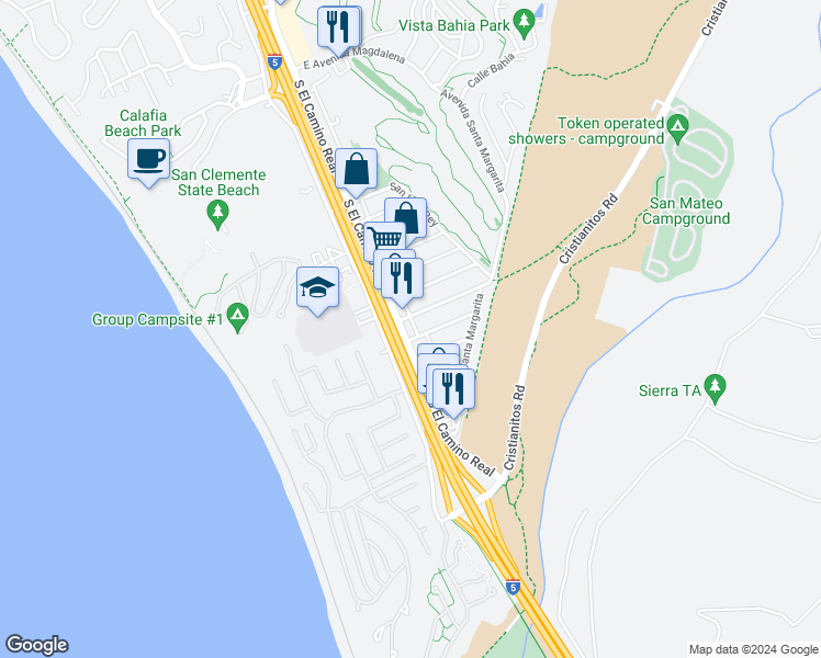 map of restaurants, bars, coffee shops, grocery stores, and more near 3405 El Camino Real in San Diego County