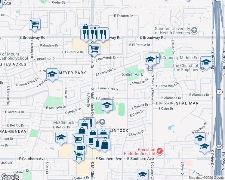 map of restaurants, bars, coffee shops, grocery stores, and more near 1858 East Alameda Drive in Tempe