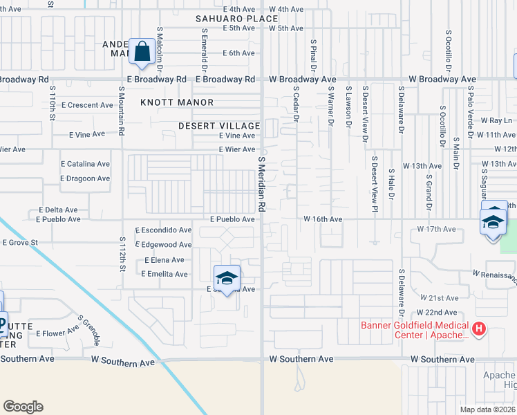 map of restaurants, bars, coffee shops, grocery stores, and more near 1579 South Meridian Road in Apache Junction
