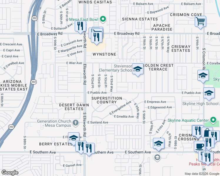 map of restaurants, bars, coffee shops, grocery stores, and more near 696 South 93rd Way in Mesa