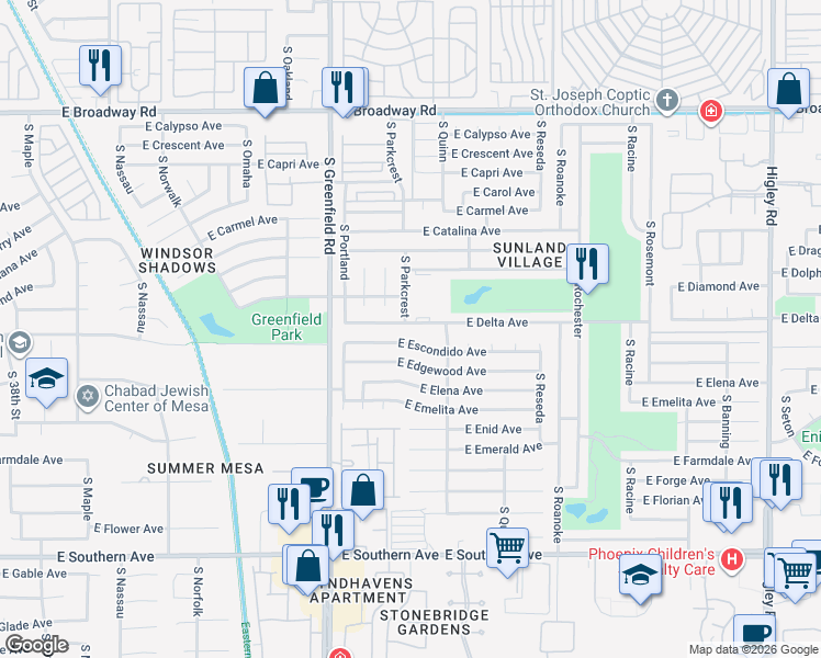 map of restaurants, bars, coffee shops, grocery stores, and more near 4525 East Escondido Avenue in Mesa