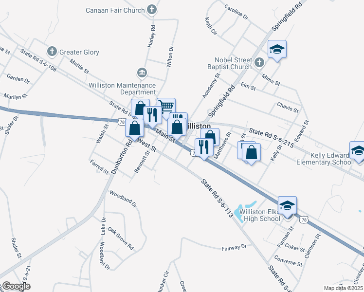 map of restaurants, bars, coffee shops, grocery stores, and more near 12233 Main Street in Williston