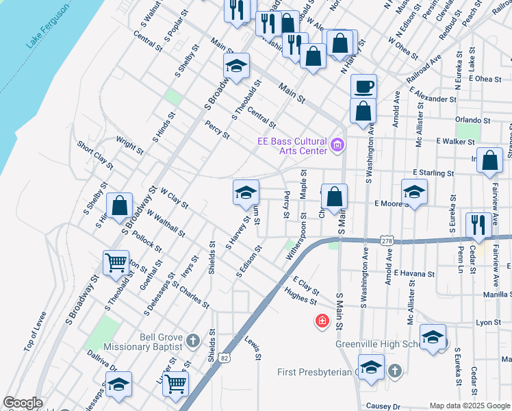 map of restaurants, bars, coffee shops, grocery stores, and more near Gum Street in Greenville