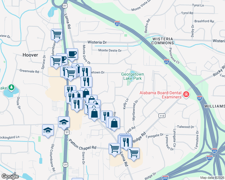 map of restaurants, bars, coffee shops, grocery stores, and more near 3200 Daphne Lane in Birmingham