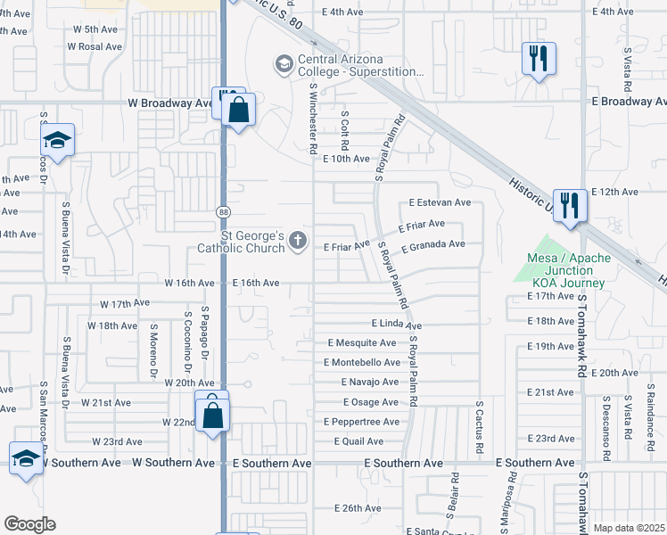 map of restaurants, bars, coffee shops, grocery stores, and more near 1635 South Winchester Road in Apache Junction