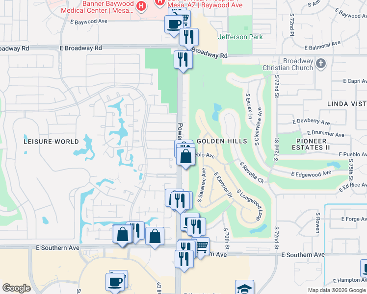 map of restaurants, bars, coffee shops, grocery stores, and more near 801 South Power Road in Mesa