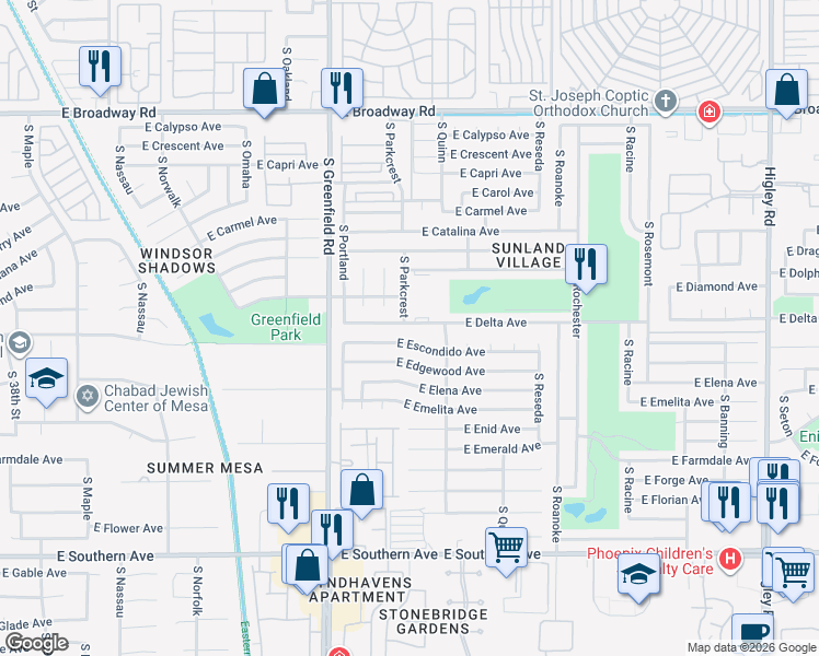 map of restaurants, bars, coffee shops, grocery stores, and more near 4525 East Escondido Avenue in Mesa