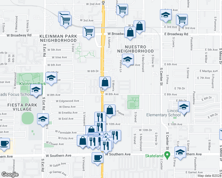 map of restaurants, bars, coffee shops, grocery stores, and more near 313 West 8th Avenue in Mesa