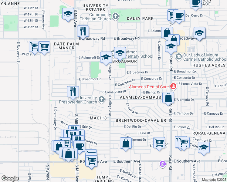 map of restaurants, bars, coffee shops, grocery stores, and more near 2625 South College Avenue in Tempe