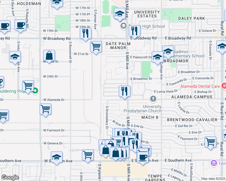map of restaurants, bars, coffee shops, grocery stores, and more near 102 West Alameda Drive in Tempe