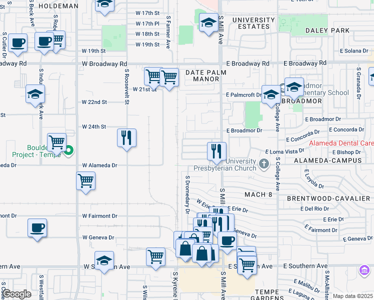 map of restaurants, bars, coffee shops, grocery stores, and more near 102 West Alameda Drive in Tempe