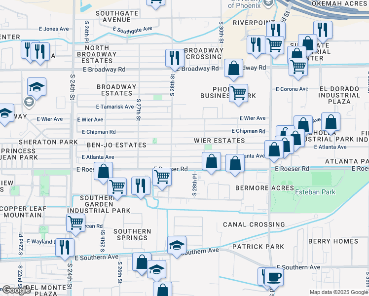 map of restaurants, bars, coffee shops, grocery stores, and more near 2827 East Atlanta Avenue in Phoenix
