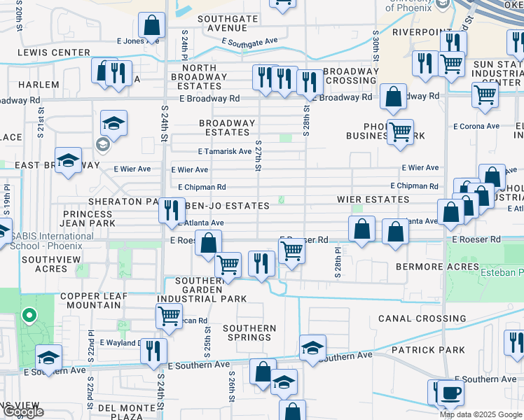 map of restaurants, bars, coffee shops, grocery stores, and more near 2559 East Atlanta Avenue in Phoenix