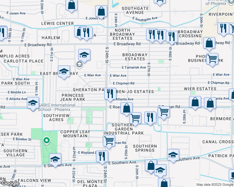 map of restaurants, bars, coffee shops, grocery stores, and more near 2419 East Atlanta Avenue in Phoenix