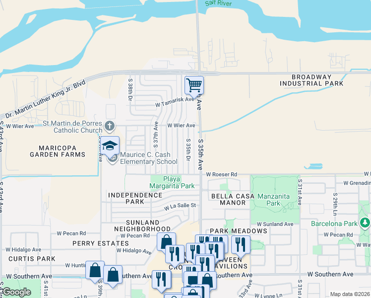 map of restaurants, bars, coffee shops, grocery stores, and more near 5015 South 36th Avenue in Phoenix