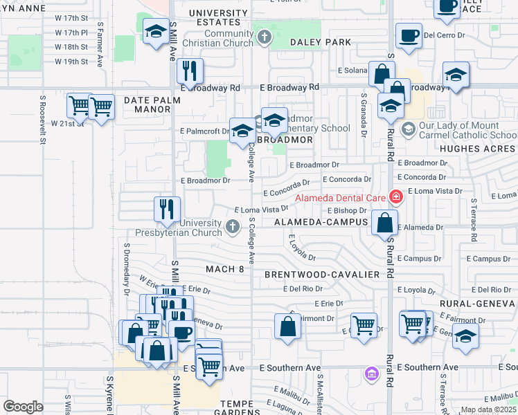 map of restaurants, bars, coffee shops, grocery stores, and more near 2625 South College Avenue in Tempe