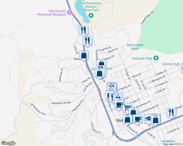 map of restaurants, bars, coffee shops, grocery stores, and more near 455 North Willow Street in Globe
