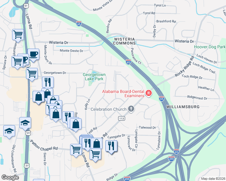 map of restaurants, bars, coffee shops, grocery stores, and more near 2144 Larchmont Circle in Birmingham