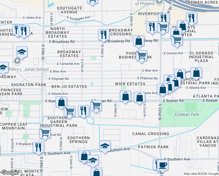 map of restaurants, bars, coffee shops, grocery stores, and more near 2827 East Atlanta Avenue in Phoenix