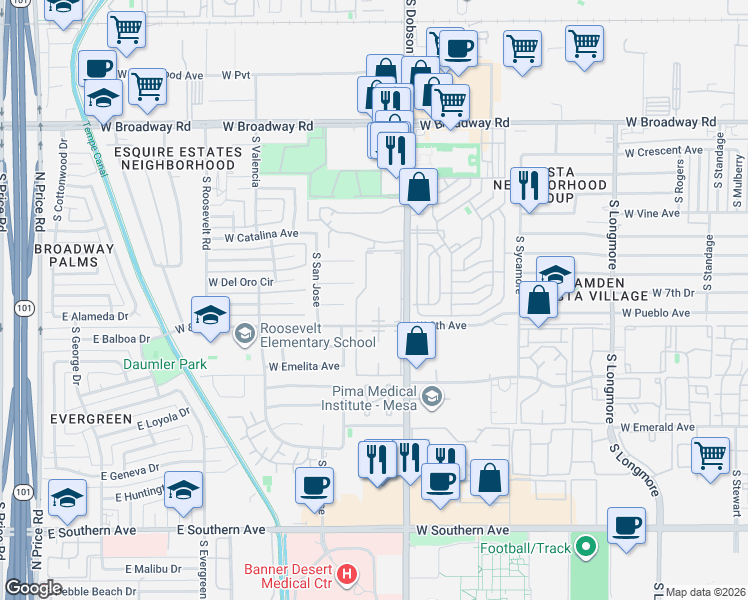 map of restaurants, bars, coffee shops, grocery stores, and more near 720 South Dobson Road in Mesa