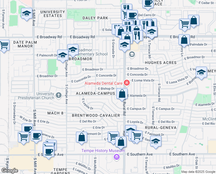 map of restaurants, bars, coffee shops, grocery stores, and more near 612 East Loma Vista Drive in Tempe
