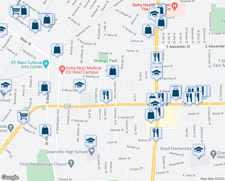 map of restaurants, bars, coffee shops, grocery stores, and more near 522 East Moore Street in Greenville