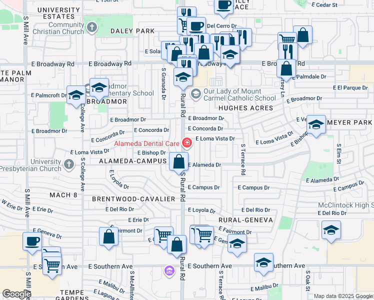 map of restaurants, bars, coffee shops, grocery stores, and more near 2525 South Rural Road in Tempe