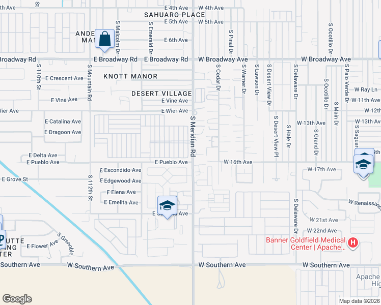 map of restaurants, bars, coffee shops, grocery stores, and more near 702 South Meridian Road in Apache Junction