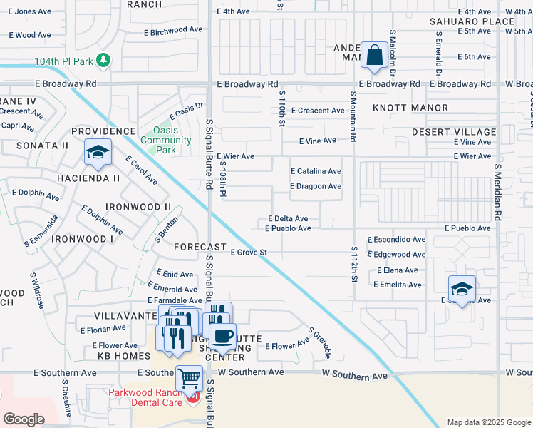 map of restaurants, bars, coffee shops, grocery stores, and more near 713 South Parkwood in Mesa