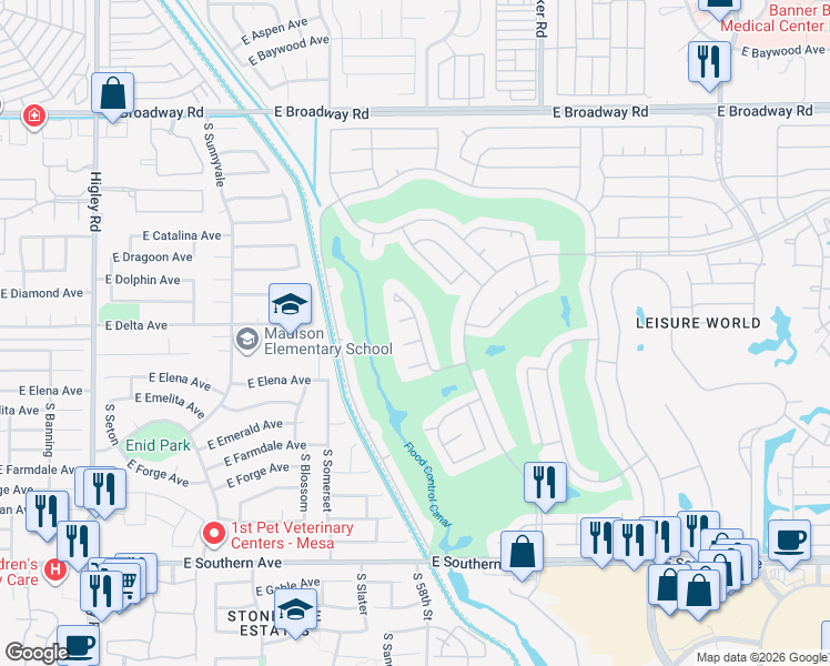 map of restaurants, bars, coffee shops, grocery stores, and more near 2437 Leisure World in Mesa