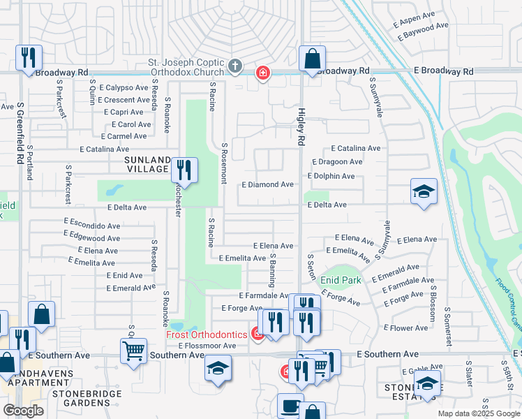 map of restaurants, bars, coffee shops, grocery stores, and more near 733 South Saint Paul Circle in Mesa