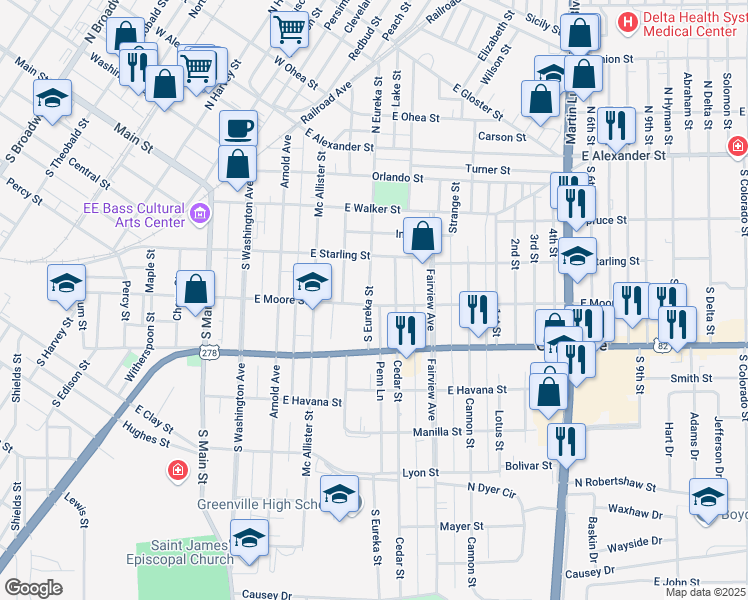 map of restaurants, bars, coffee shops, grocery stores, and more near 423 Cedar Street in Greenville