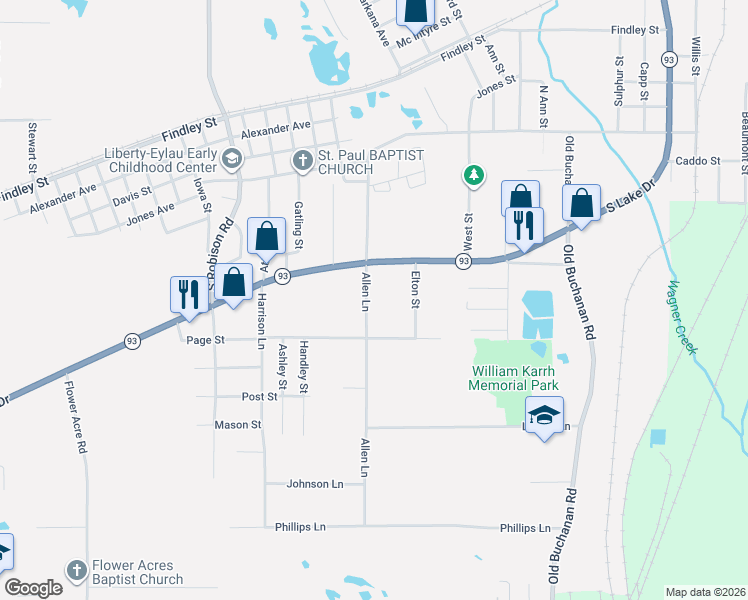 map of restaurants, bars, coffee shops, grocery stores, and more near 1900-1902 Allen Lane in Texarkana